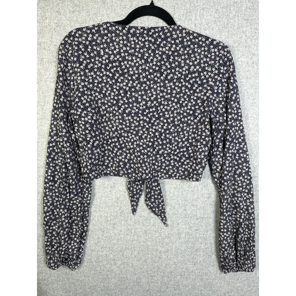Denim & Supply Ralph Lauren Womens Top Large Blue Floral Cropped Blouse Tie - Picture 11 of 12